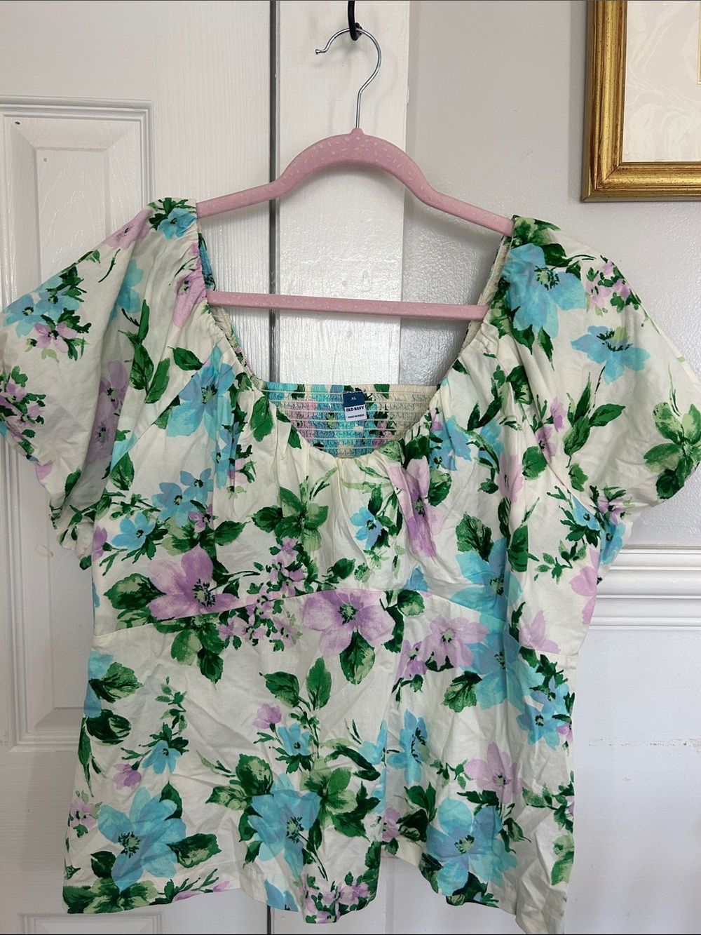 Old Navy Cream Floral Off-Shoulder Top with Blue & Purple Flowers